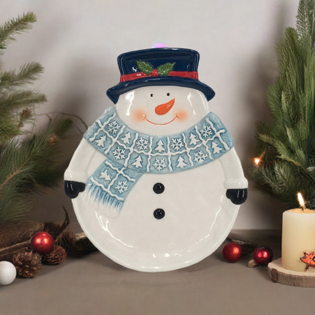 Snowman plate ceramic 11" X 9" X 1.25" Blue