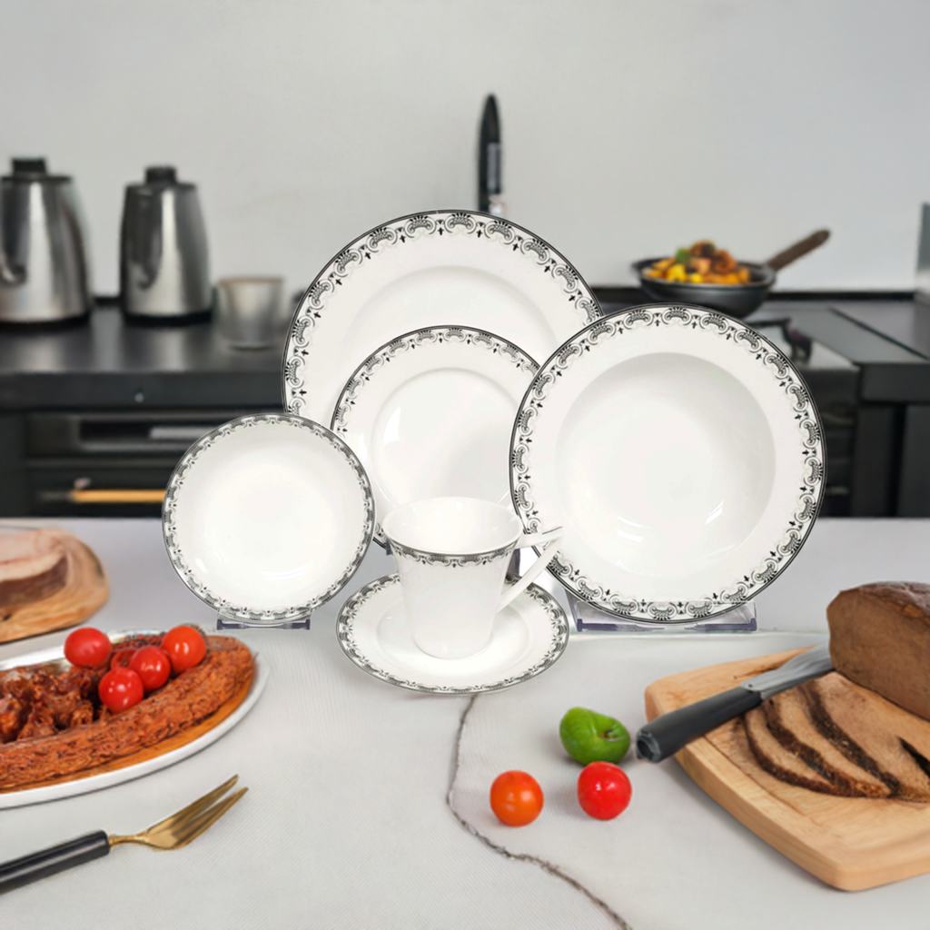 Dinnerware 86 Piece Set, Service for 12, include 14 Serving Pieces, Winfield Platinum Collection by Success Bone China, Light weight, Extra white Body, Extra strong chip resistant