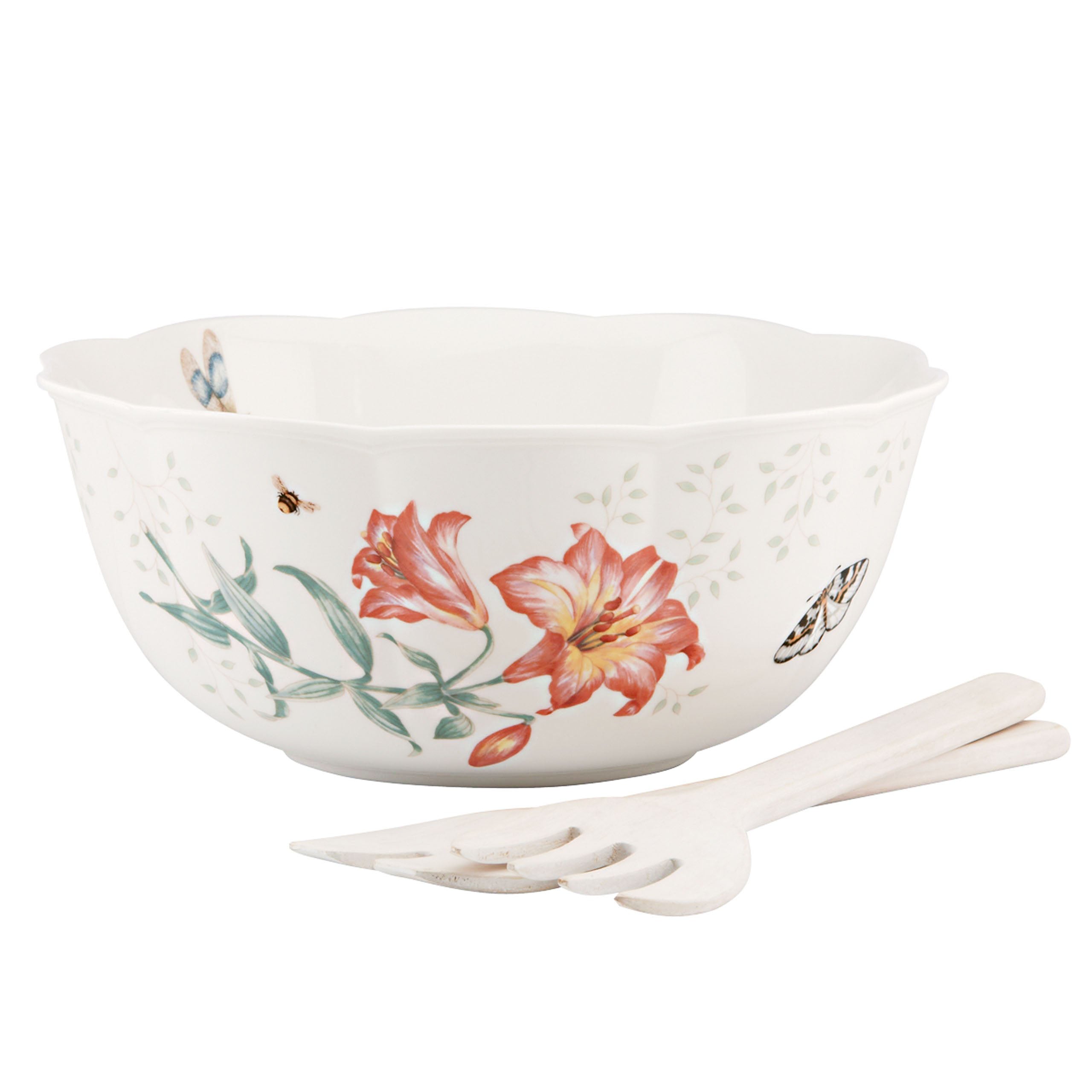 Lenox Butterfly Meadow Salad Bowl with wood servers 11.25" 820581 - Royal Gift