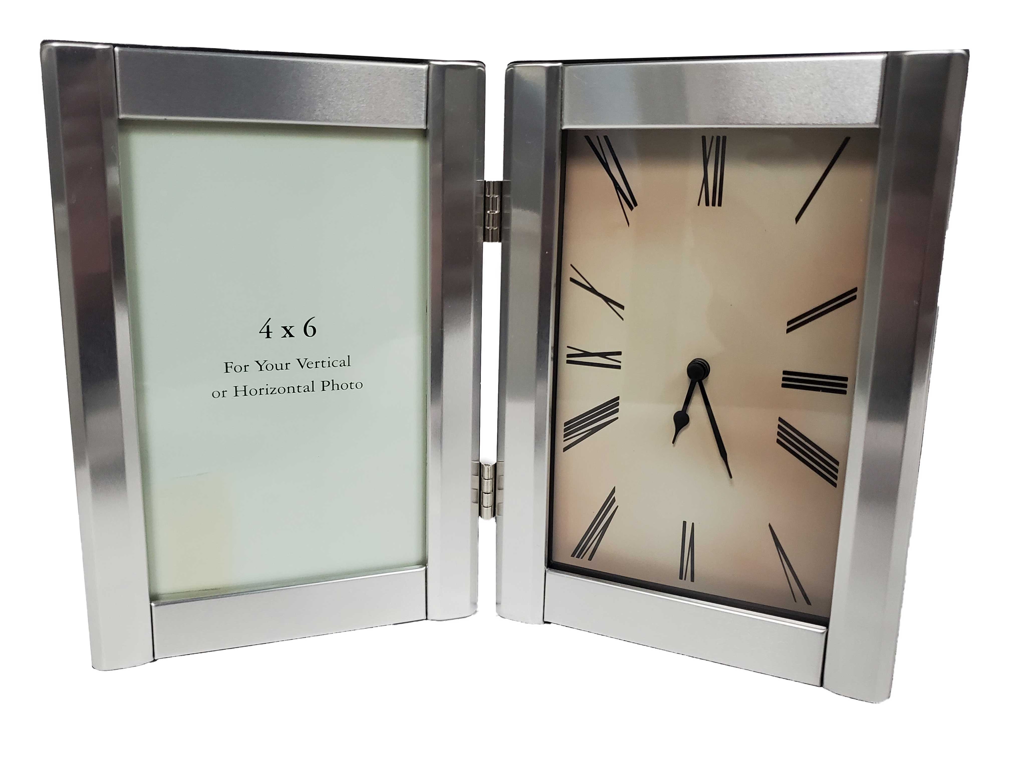Clock & Photo Frame 4" x 6" Silver Double Panel - Royal Gift