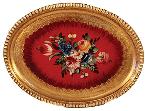 Florentine Tray Oval Wood Hand Painted in Firenze Italy, Floral Red 12"wide X 16"long - Royal Gift