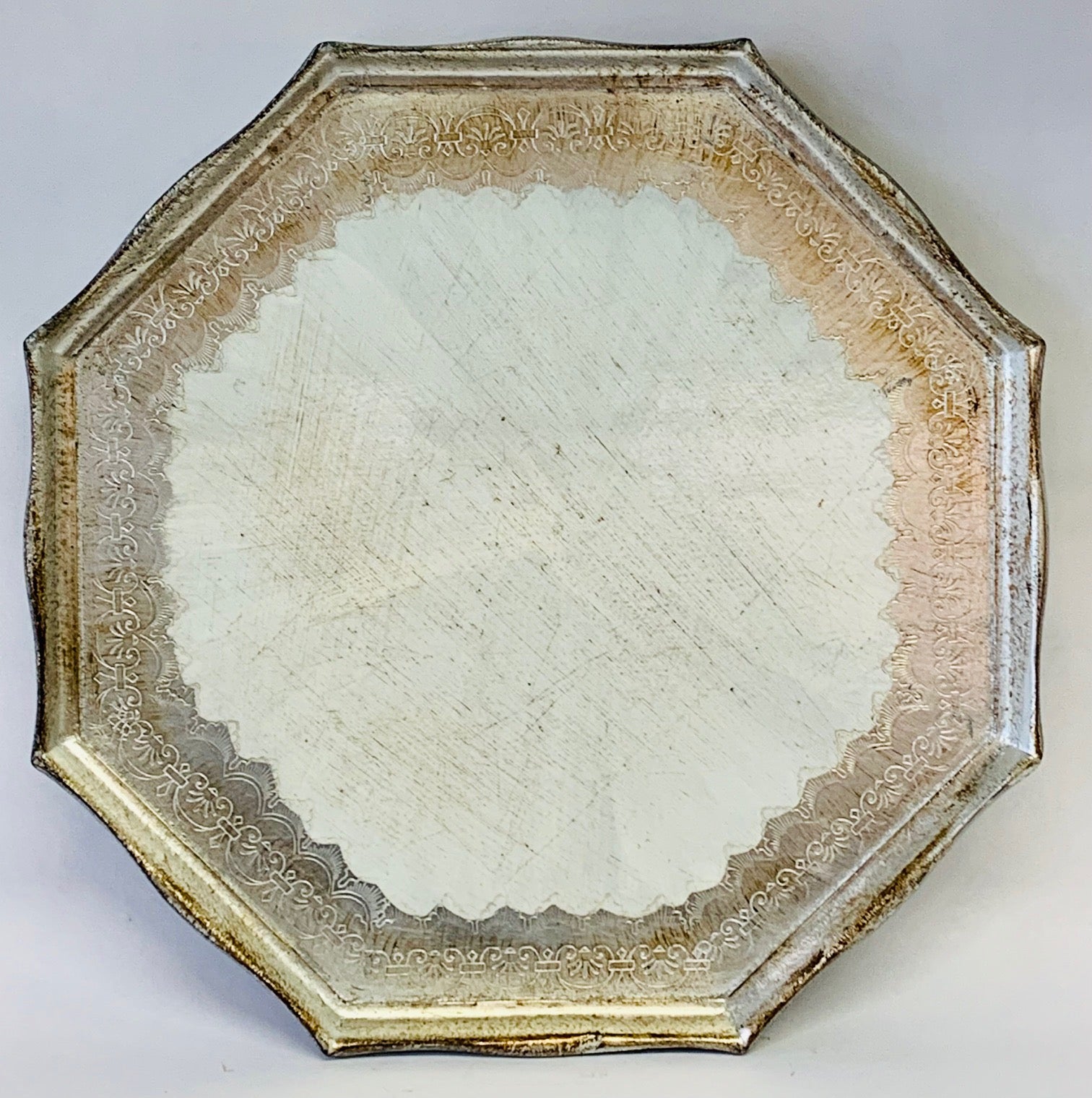 Florentine Wood Tray Octagonal 17.5" Silver Painted and made in Italy - Royal Gift