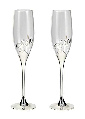 25TH Anniversary Champagne Flutes 2 Piece Silver Plated Metal Base. - Royal Gift