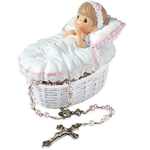 Precious Moments Baptism Gift, Baptized in His Name Girl Resin Box with Rosary - Royal Gift