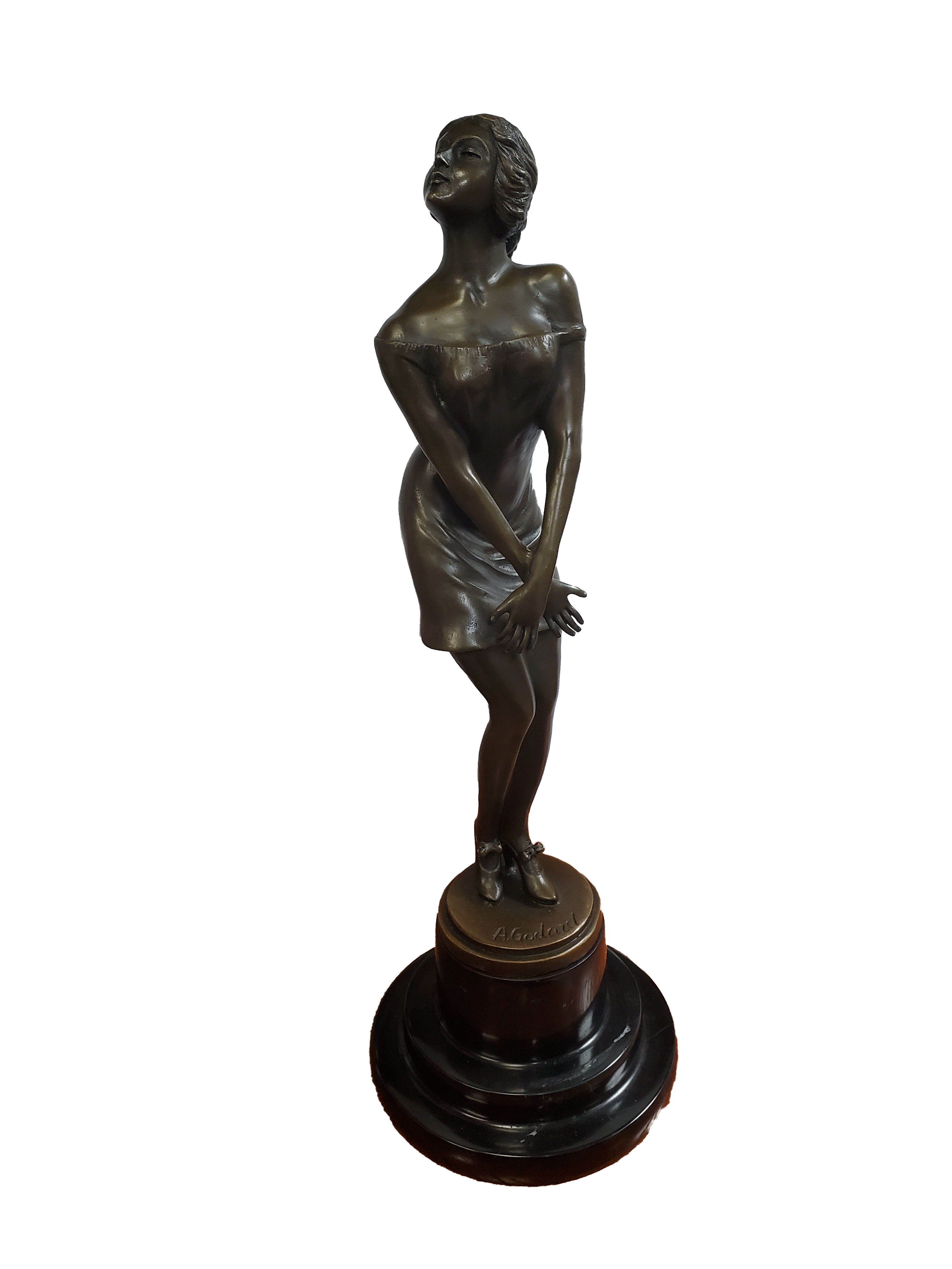Young Lady Posing Bronze metal statue on marble base 5"wide X 5"deep X 14.5"tall - Royal Gift