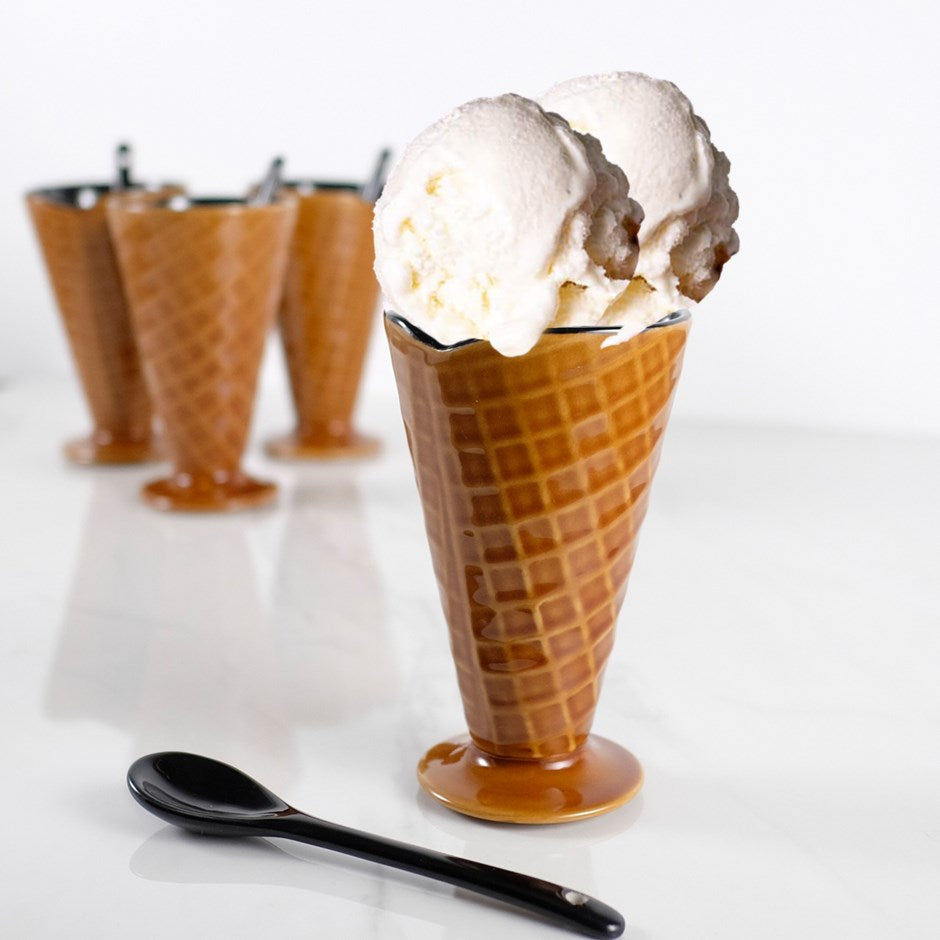 Waffle Ice cream cone Cups and Spoons - Set of 4 - Made of Ceramic - Royal Gift