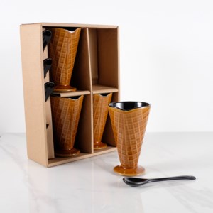 Waffle Ice cream cone Cups and Spoons - Set of 4 - Made of Ceramic - Royal Gift