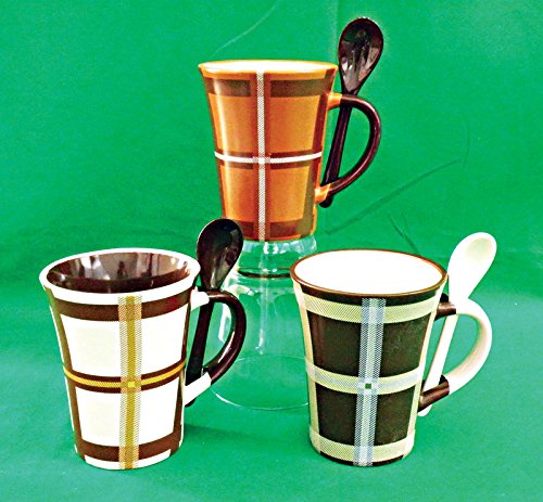 Mug 6 piece set of 3 Mugs + 3 Spoons Tartan Style Ceramic from Success - Royal Gift
