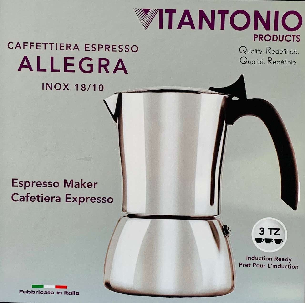 Espresso Maker 3 cups Vitantonio Allegra collection 18/10 Stainless Steel, Made in Italy - Royal Gift