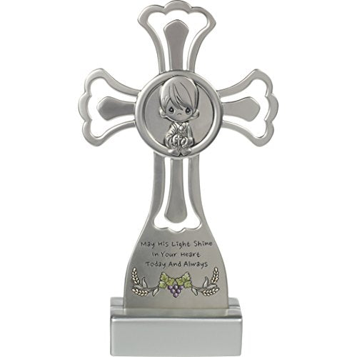 Precious Moments May His Light Shine in Your Heart Today & Always Boy First Communion Silver Zinc Alloy Cross with Stand, 172407 - Royal Gift