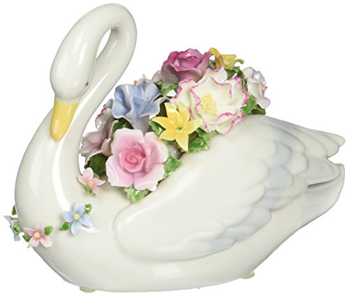 Cosmos 80105 White Swan Swimming Holding Bouquet of Multi-Colored Flowers Music Box - Royal Gift