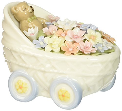 Cosmos 2.5" Sleeping Brown Bear with Flowers in White Baby Buggy Figurine - Royal Gift