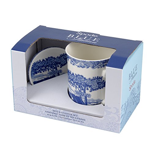 Portmeirion Blue Italian Mug and Coaster Set, Porcelain, Blue and White, 8.5 x 12 x 10.5 cm - Royal Gift