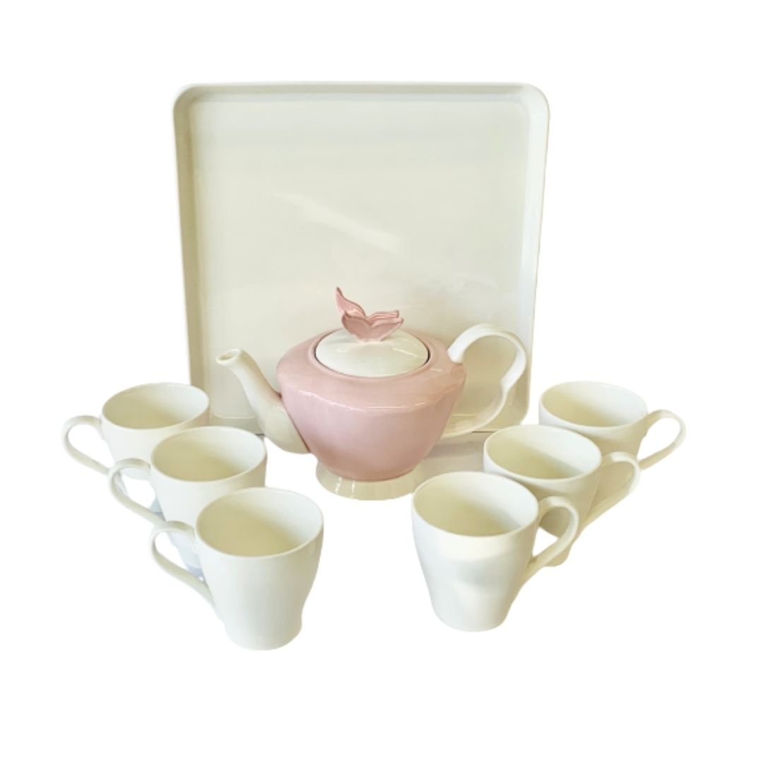 Tea set 9 piece bone china Pink and white, Dishwasher and microwave safe - Royal Gift